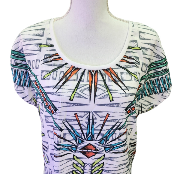 Rock & Republic Top Women Large White Aztec Print T-Shirt Silky Soft Short Sleev - Picture 7 of 13